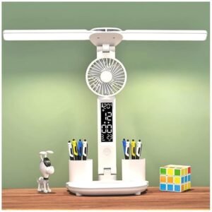 Read more about the article 3-in-1 Rechargeable Color Table Lamp with Smart LED Display and Built-In Fan for Study