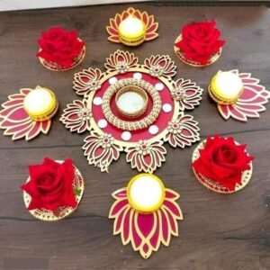 Read more about the article Wood Flower Rangoli Mat For Diwali Decoration With Tea Light Candle Holder,Diyas – Diwali Decoration